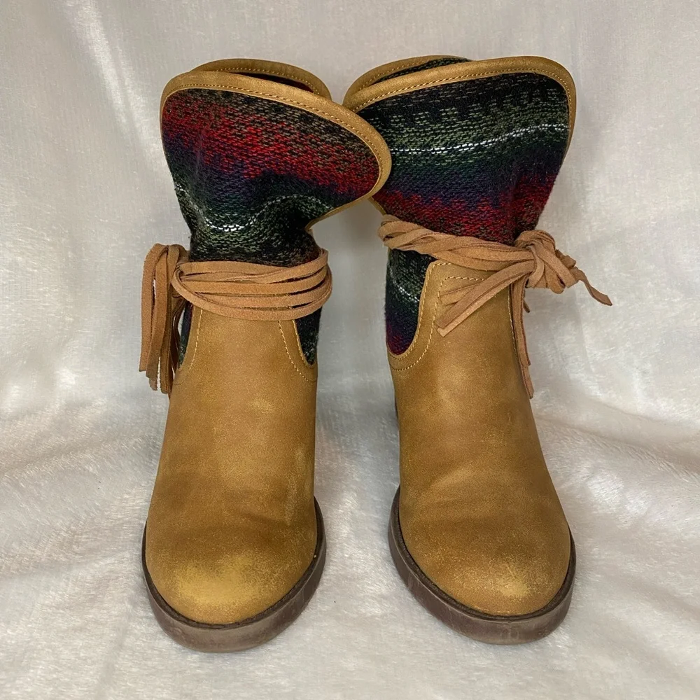 Sugar Holly Brown Faux Leather Heel Southwestern Aztec Boho Ankle Boots